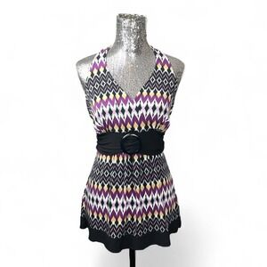 Vintage Y2K Halter Babydoll Top Medium Tie-Back Flare Buckle Geometric Glam